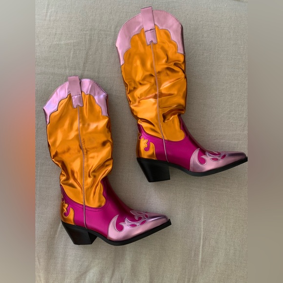 AZALEA WANG, Spice It Up, Multi colored Metallic, Chunky Cowboy Boots, NWT - Picture 4 of 13